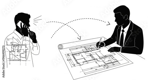 Architectural Design Collaboration via Phone Call and Blueprint Review.