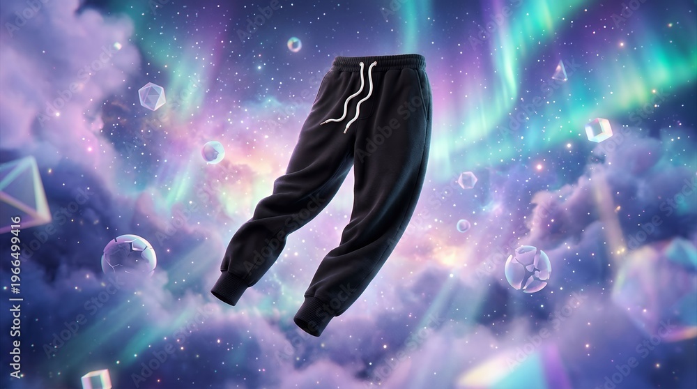 Obraz premium Black casual sweatpants floating surreal outer space background with aurora lights