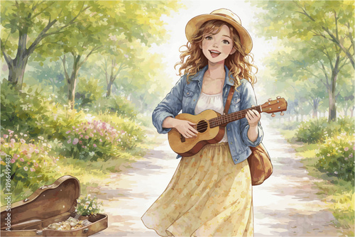 Female Street Musician Watercolor Illustration Collection in Urban Outdoor Scenes