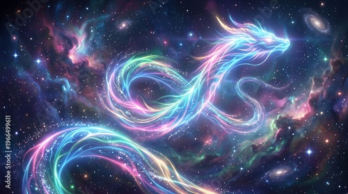 Colorful cosmic dragon glowing mystically in vibrant outer space galaxy background