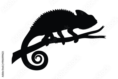 Chameleon on a branch silhouette vector illustration, Black chameleon icon vector