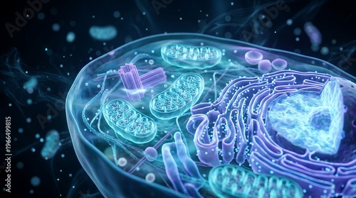 Detailed 3D Visualization of a Eukaryotic Cell Highlighting Organelles and Structures