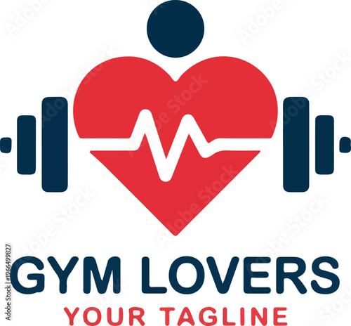 Gym lovers logo with heart and pulse line, dumbbells and person icon, healthy lifestyle and fitness concept.