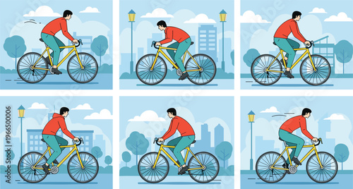 Man Riding Bicycle Vector Set with Cycling Scenes in City Park for Fitness, Urban Transportation, Outdoor Exercise and Healthy Lifestyle Illustration