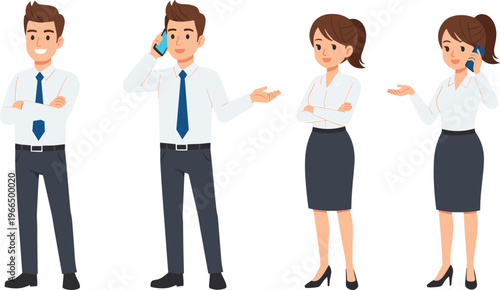 Cartoon business professionals in formal attire communicating with mobile phones and gestures, teamwork concept illustration for corporate communication, office workplace interaction, 