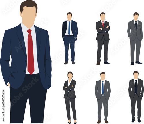 Cartoon business professionals in suits standing together with central leader figure, symbolizing corporate diversity, teamwork, leadership, and professional workplace dynamics illustration
