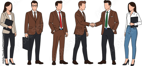 Cartoon business professionals shaking hands, holding folders, and standing together in corporate attire, symbolizing teamwork, agreement, workplace diversity,