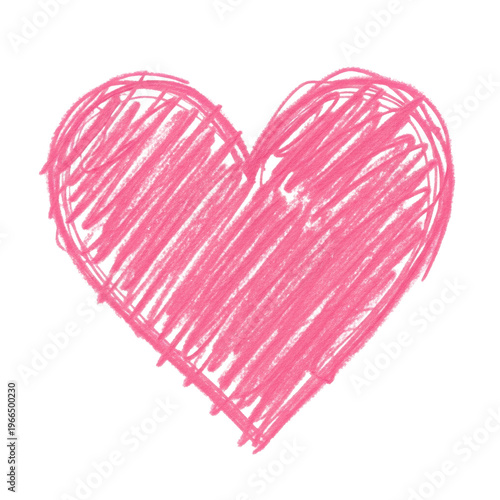 hyper-realistic macro studio shot of a pastel pink crayon scribble heart icon isolated on bright white paper, highlighting waxy, layered texture and micro-shadowing, concept of innocent love and
