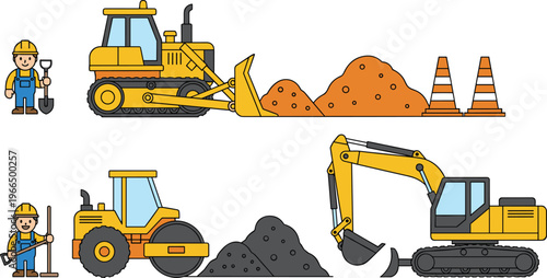 Cartoon construction site with workers, bulldozer, excavator, road roller, traffic cones, orange dirt, black gravel, industrial tools, teamwork, heavy machinery illustration
