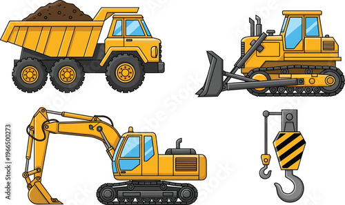 Cartoon construction machinery illustration featuring yellow dump truck, bulldozer, excavator, and crane hook with striped safety pattern for heavy equipment, building, and engineering design concepts
