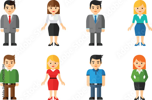 Cartoon diverse group of business and casual people in professional attire, teamwork illustration showing workplace diversity, collaboration, communication, office staff, and social community concepts