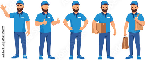 Cartoon delivery worker character set in blue uniform showing different poses including waving, thumbs up, holding box, and carrying paper bags for service design concepts