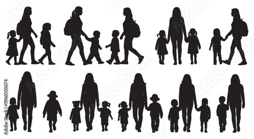 Mother and Children Silhouette Collection Family Walking Vector Set