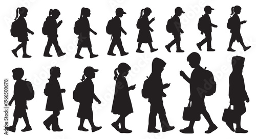 School Children Silhouette Collection Kids Walking with Backpack Vector Set