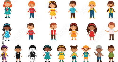 Diverse Kids Cartoon Character Set Featuring Multicultural Children in Different Outfits and Poses for Education, Diversity, and Inclusion Vector Illustration Design.