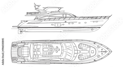 Luxury Yacht Blueprint Side and Top View Technical Vector Drawing