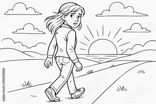 Coloring page for children - a teenage girl looks over her shoulder as she walks away