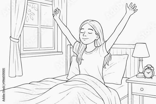 Coloring page for kids - a teenage girl stretching after waking up