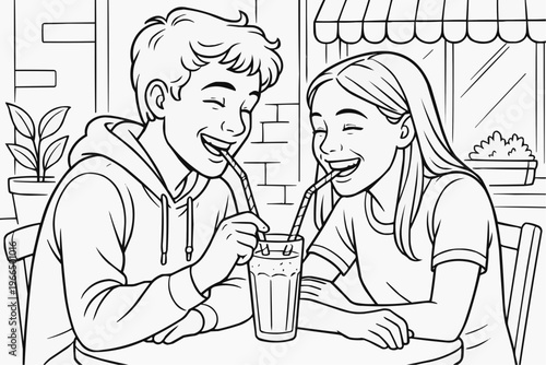 Coloring page for children - two teenagers laughing and sharing a drink through straws in a cozy cafe.