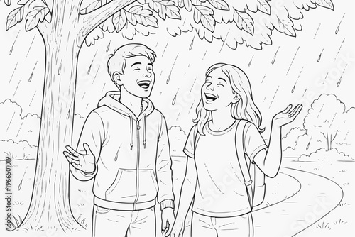 Coloring page for children - two teenagers without umbrellas are laughing under a tree during a light rain.