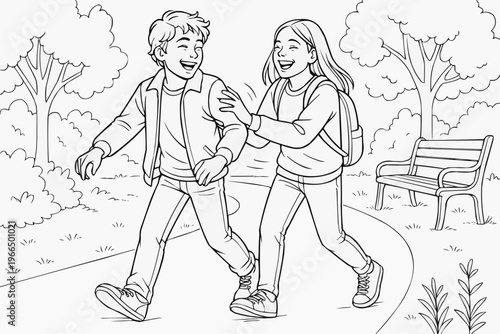 Coloring page for children - two cheerful teenagers playfully push each other as they walk through the park