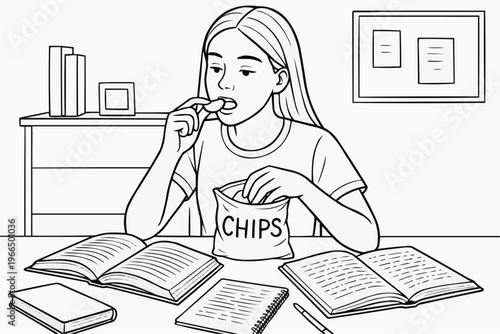 Coloring page for children - a teenage girl is having a snack while studying, with open books and notes next to her