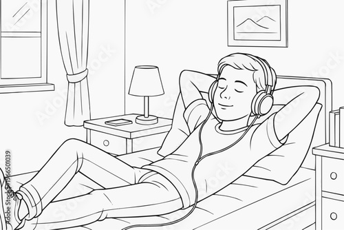 Coloring page for children - a teenager relaxes on a bed with headphones, listening to music in a cozy room