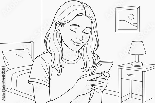 Coloring page for children - a teenage girl smiles while reading a message on her phone