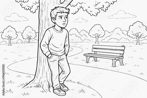 Coloring page for children - a teenager nervously waiting for a girl under a tree in the park