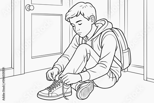 Coloring page for children - a teenager sitting on the floor tying his shoelaces before going to school