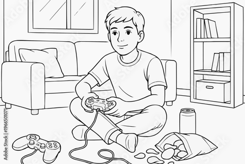 Coloring page for kids - a young guy is relaxing on the floor, playing video games with snacks in a cozy living room