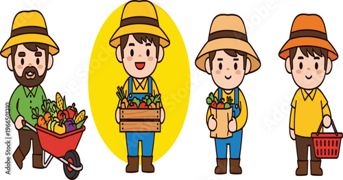 Farmer Cartoon Character Set Featuring Agricultural Workers Holding Fresh Vegetables, Harvest Baskets, and Tools in Cute Rural Lifestyle Vector Illustration Design.