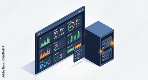 Isometric Server and Dashboard Displaying Real-Time Data Analytics.