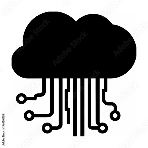 Vector cloud icon with digital circuitry hanging beneath it