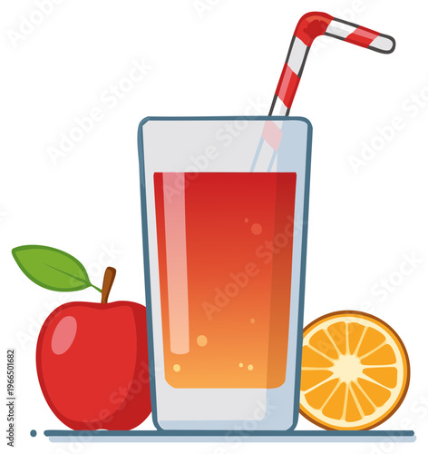 Cartoon glass of fresh mixed fruit juice with an apple and orange