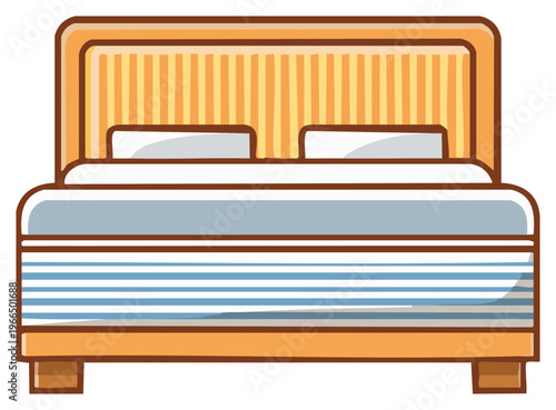 Comfortable double bed with a wooden frame and striped mattress flat vector icon