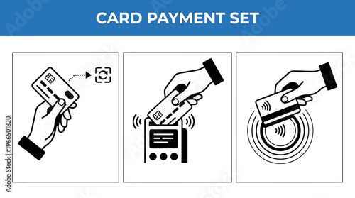 Minimalist card payment icons showing contactless tap, chip insert, and swipe methods, modern monochrome line art, professional structured design.