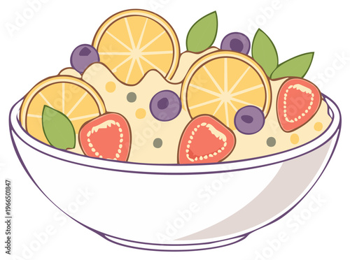 Cartoon illustration of a bowl of oatmeal with orange slices, blueberries and strawberries.