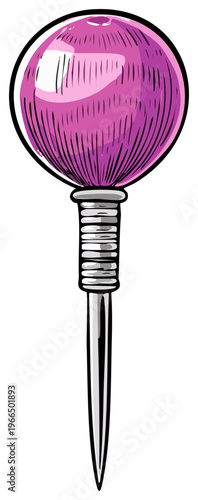 Elegant vintage hat pin with a fuchsia purple rounded head and shiny metallic shaft illustration
