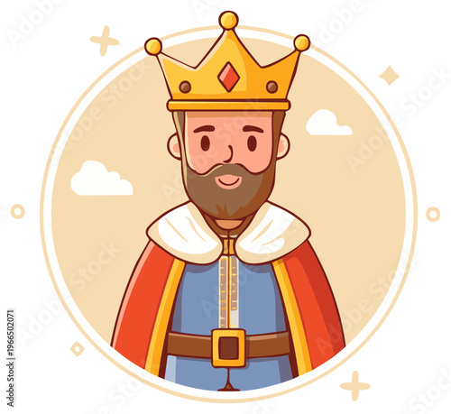 Cartoon King Character with Crown and Royal Robes Illustration
