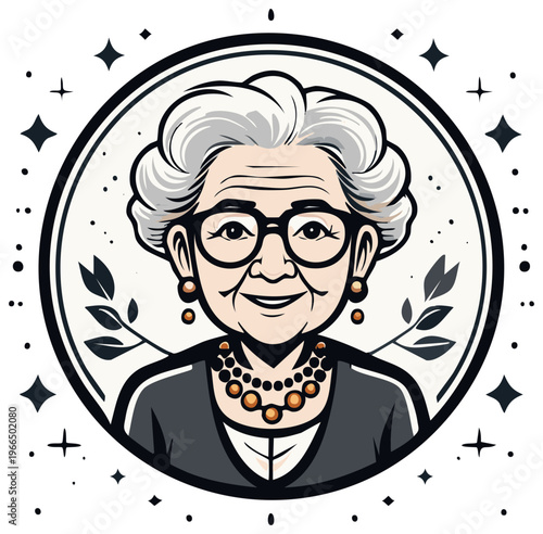 Wise and smiling grandmother portrait illustration in a circular frame with stars