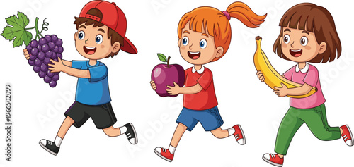 Happy Kids Running with Fruits Illustration Featuring Children Holding Grapes, Apple, and Banana in Active Healthy Lifestyle Cartoon Vector Design Style.