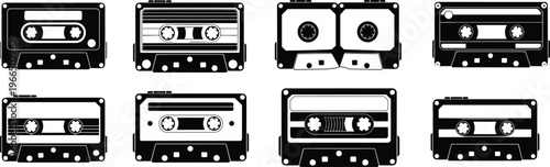 Collection of retro cassette tape vector icons, vintage music audio tape illustrations for nostalgic design, old-school media, playlist art, and decoration