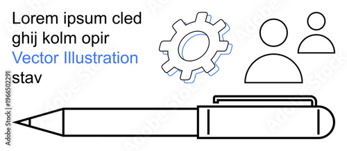 Business collaboration, teamwork, productivity, creativity, innovation, and technology. a pen, gear symbol two people icons and text elements. Business collaboration and teamwork concept
