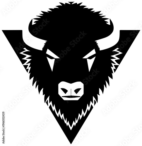 Geometric bison head with shaggy mane and sharp horns in triangle black and white illustration