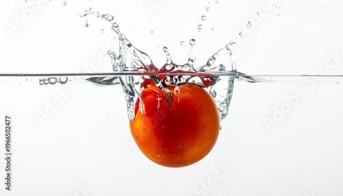 Tomato Splashing into Water on White Background