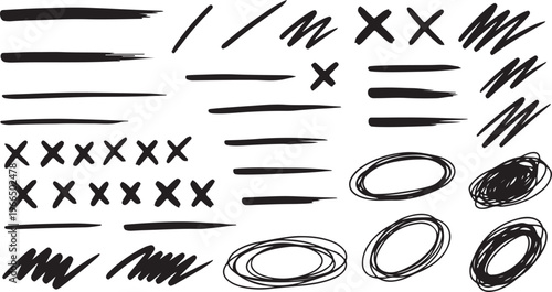 A collection of black hand-drawn sketchy lines, circles, and red "X" marks with a distressed chalk or crayon texture isolated on a white background.