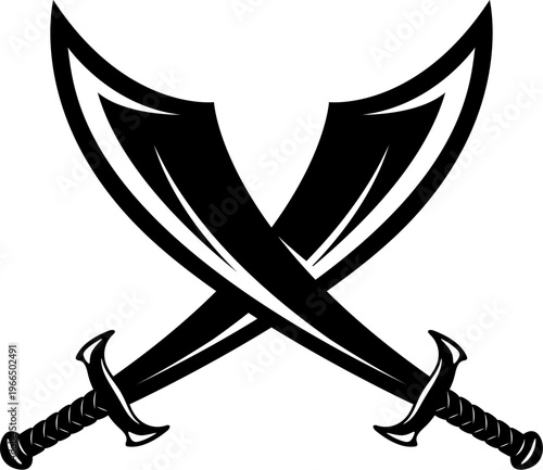 Pirate sailor crossed blades and swords icon. Pirate battle daggers graphic emblem, warrior crossed sabers monochrome vector icon. Filibuster ancient swords isolated symbol