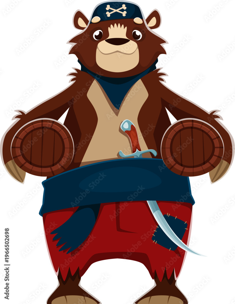 Naklejka premium Cartoon bear animal pirate crew vector character. Strong bear corsair in red trousers and navy sash, holding barrels as props and carrying a sword on belt. Cute vector personage for kids party