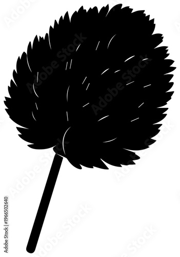 A black feather duster with handle and fluffy head on white background for cleaning purposes